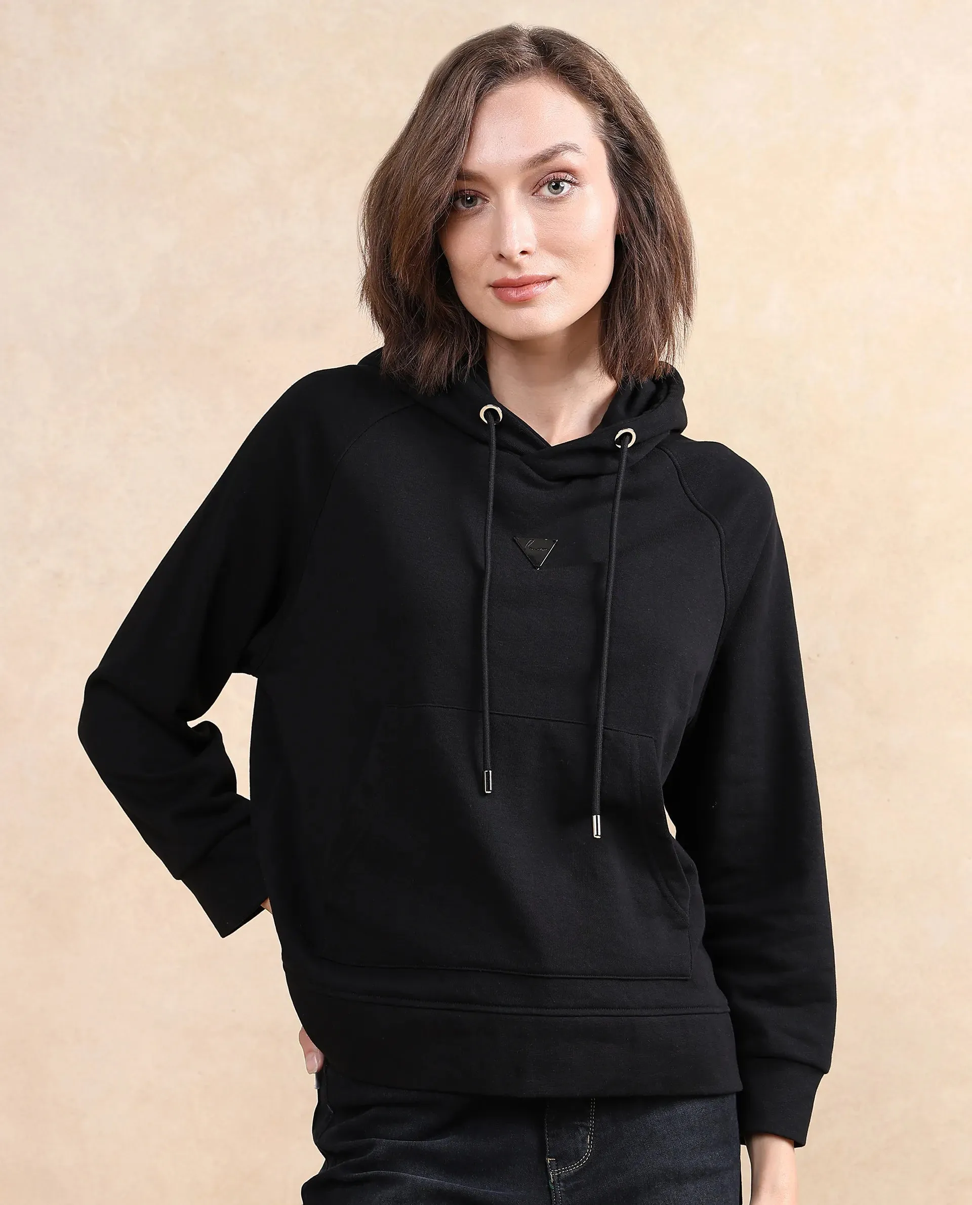 Rareism Women Dae Black Cotton Blend Fabric Full Sleeve Hooded Zipper Closure Relaxed Fit Plain Sweatshirt