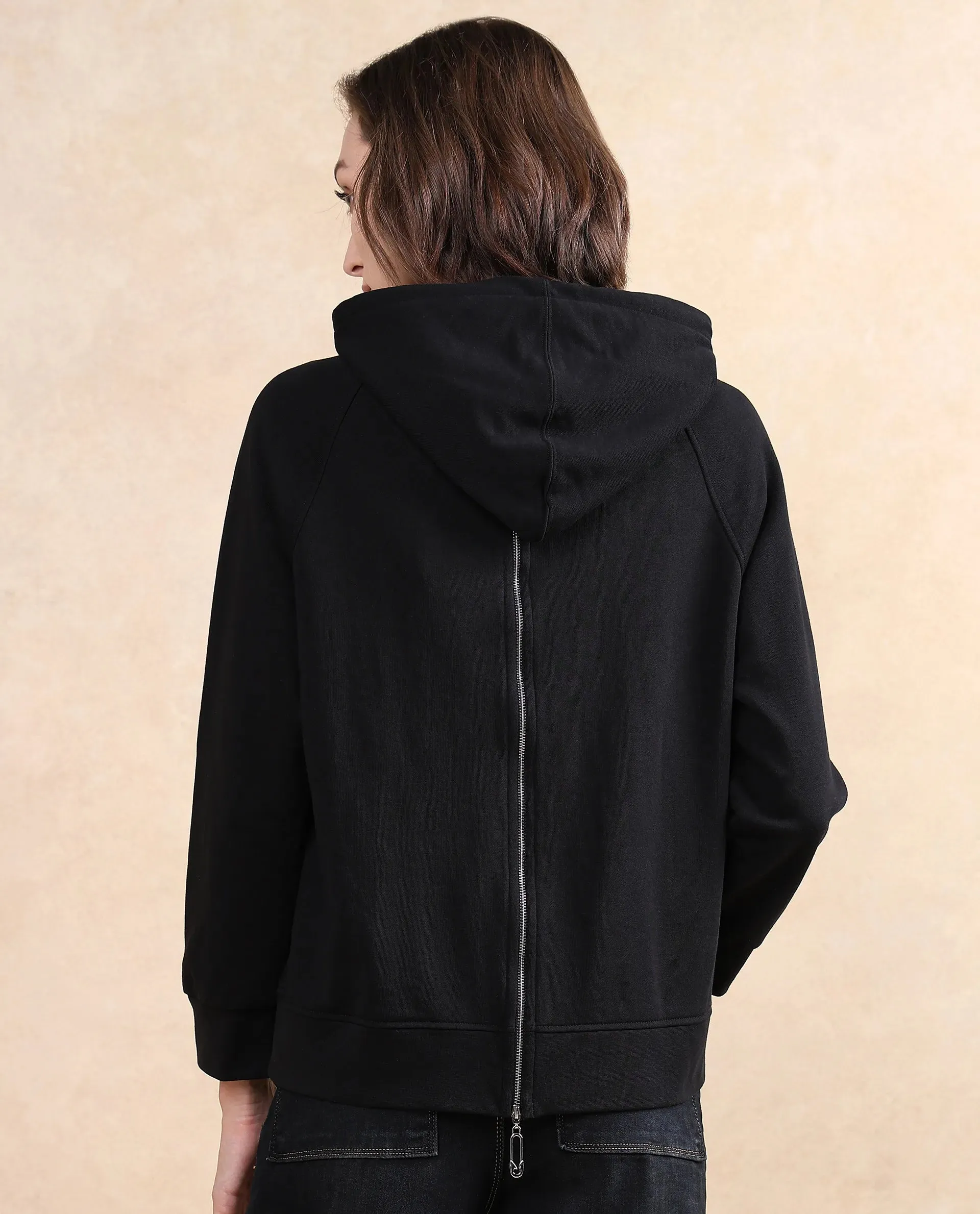 Rareism Women Dae Black Cotton Blend Fabric Full Sleeve Hooded Zipper Closure Relaxed Fit Plain Sweatshirt