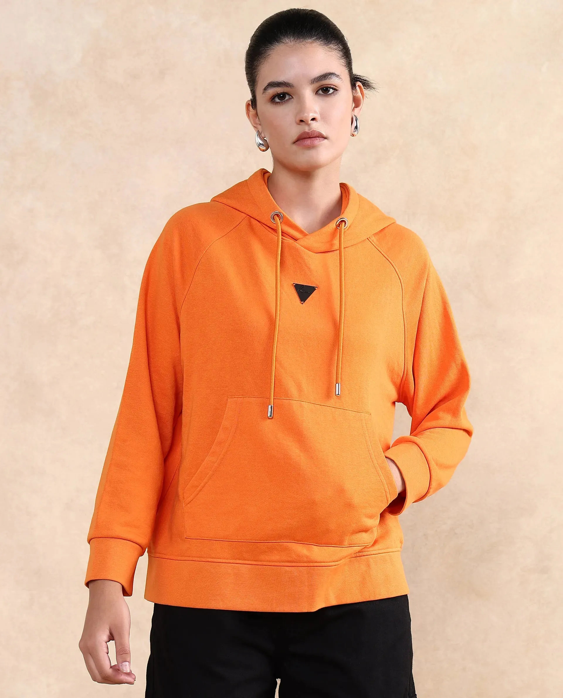 Rareism Women Dae Orange Cotton Blend Fabric Full Sleeve Hooded Zipper Closure Relaxed Fit Plain Sweatshirt