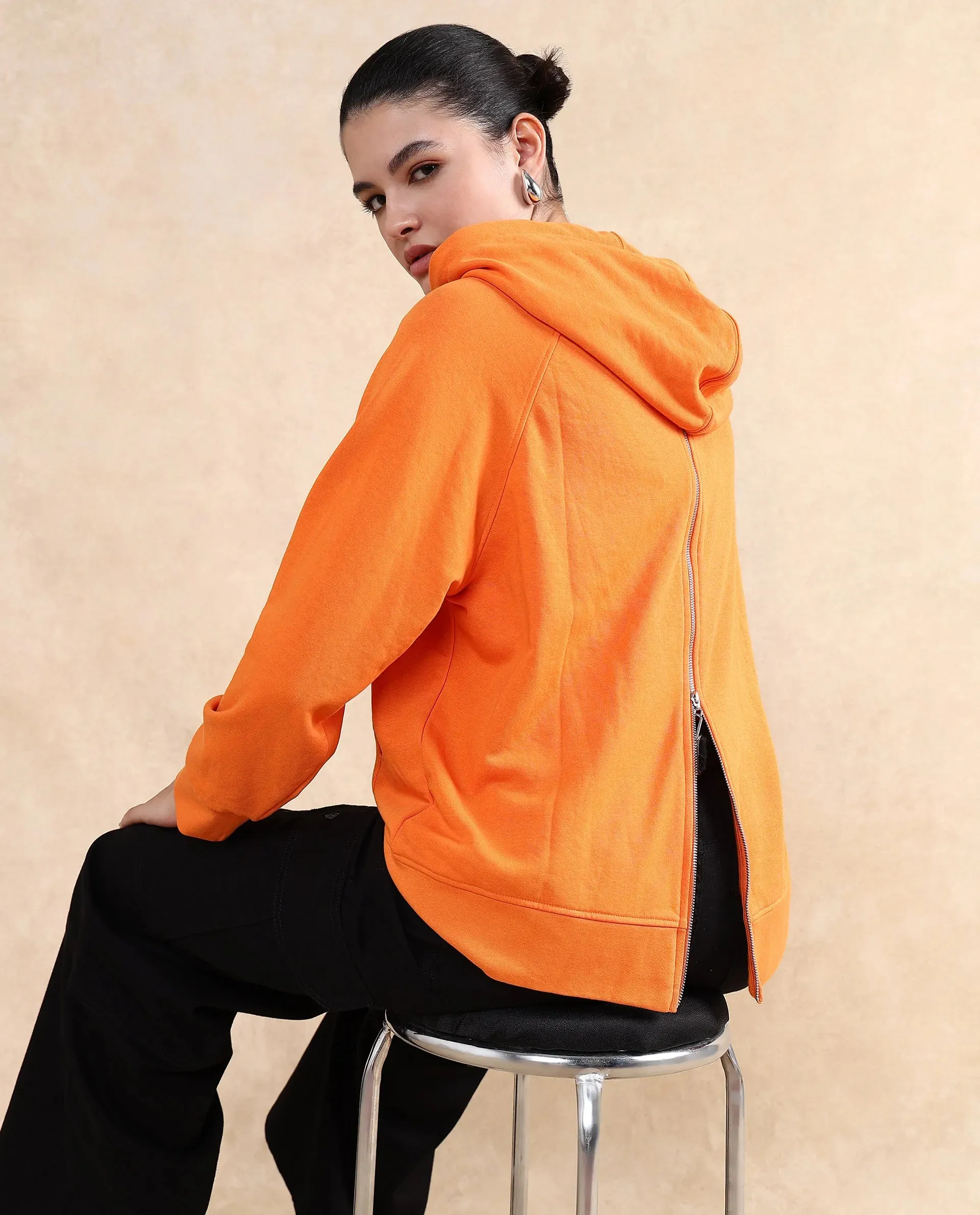 Rareism Women Dae Orange Cotton Blend Fabric Full Sleeve Hooded Zipper Closure Relaxed Fit Plain Sweatshirt