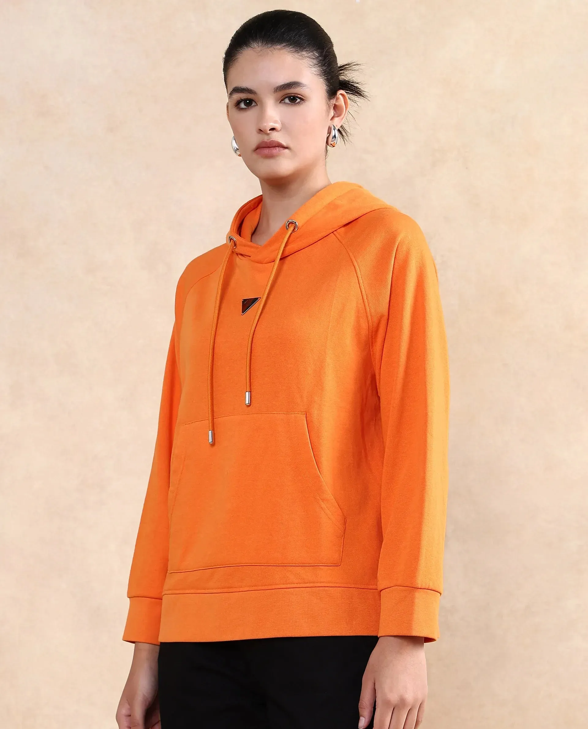 Rareism Women Dae Orange Cotton Blend Fabric Full Sleeve Hooded Zipper Closure Relaxed Fit Plain Sweatshirt