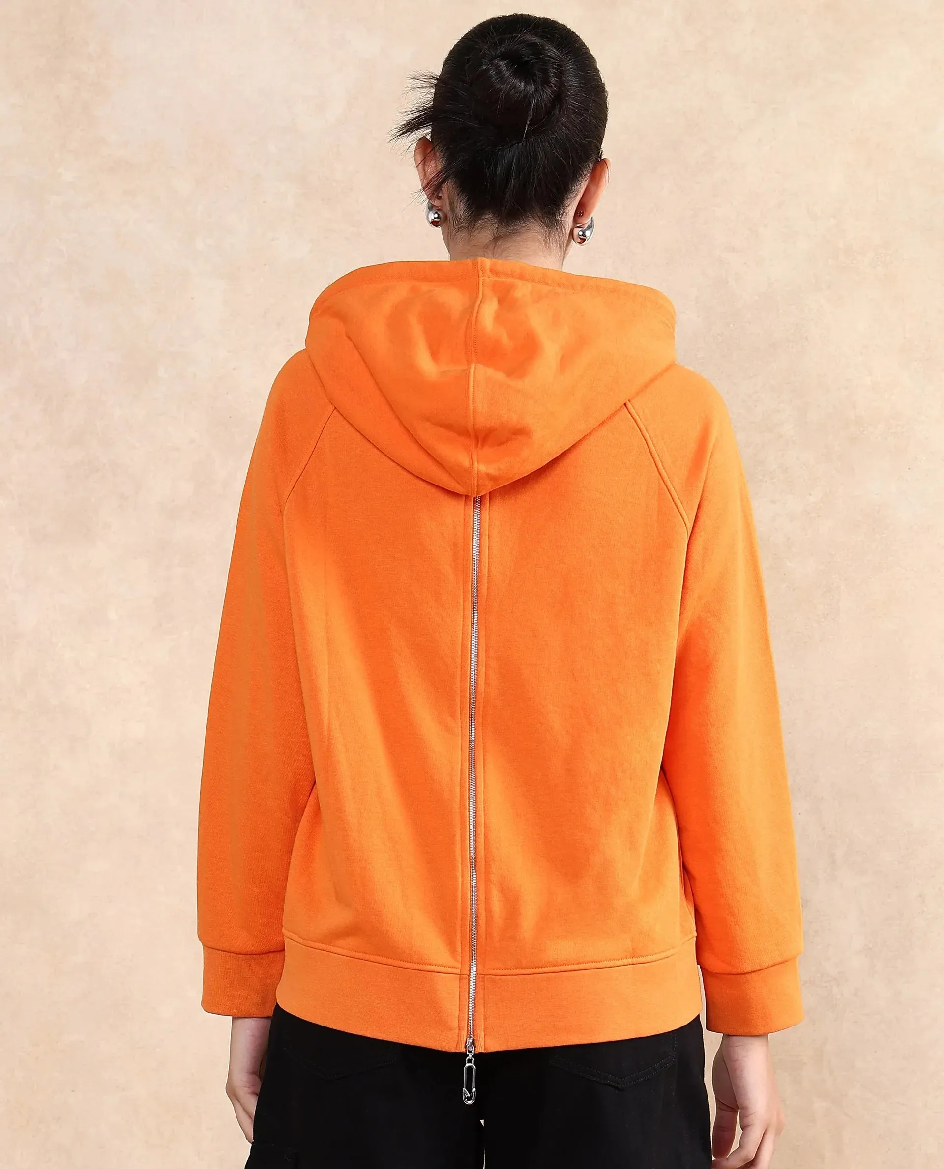 Rareism Women Dae Orange Cotton Blend Fabric Full Sleeve Hooded Zipper Closure Relaxed Fit Plain Sweatshirt