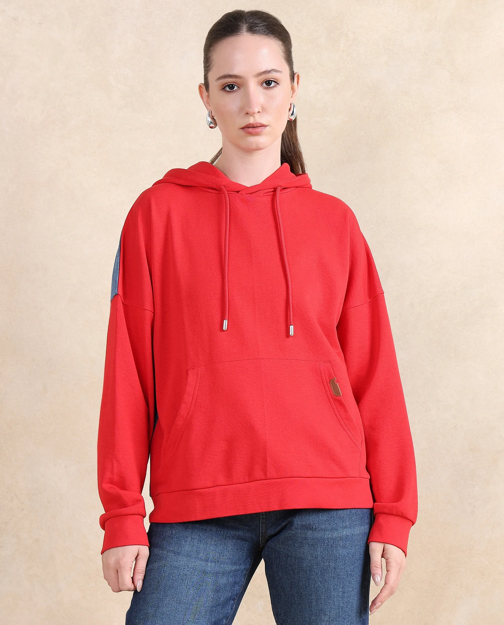 Rareism Women Ferra Red Cotton Blend Fabric Full Sleeve Hooded Relaxed Fit Plain Sweatshirt