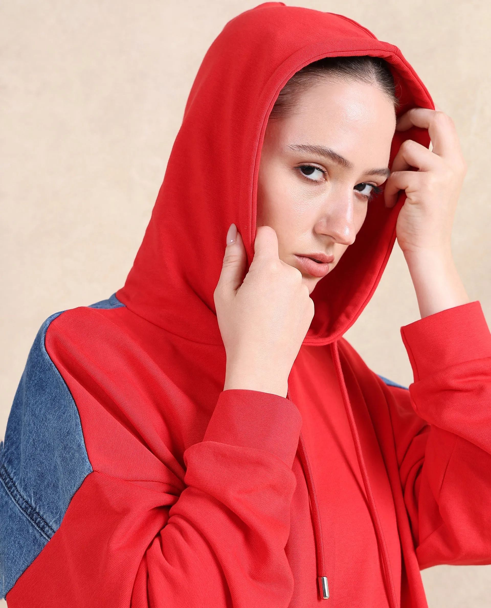 Rareism Women Ferra Red Cotton Blend Fabric Full Sleeve Hooded Relaxed Fit Plain Sweatshirt