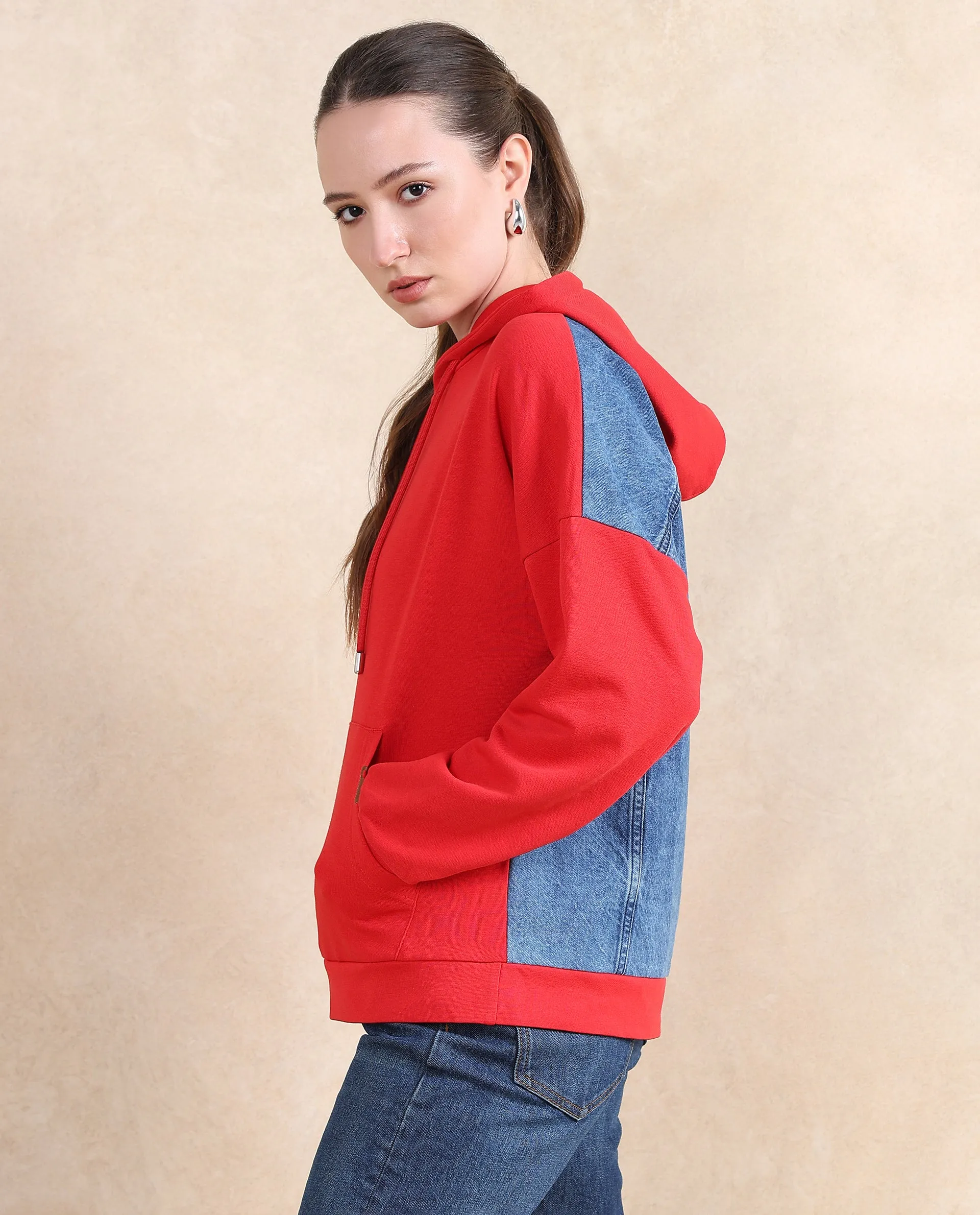 Rareism Women Ferra Red Cotton Blend Fabric Full Sleeve Hooded Relaxed Fit Plain Sweatshirt