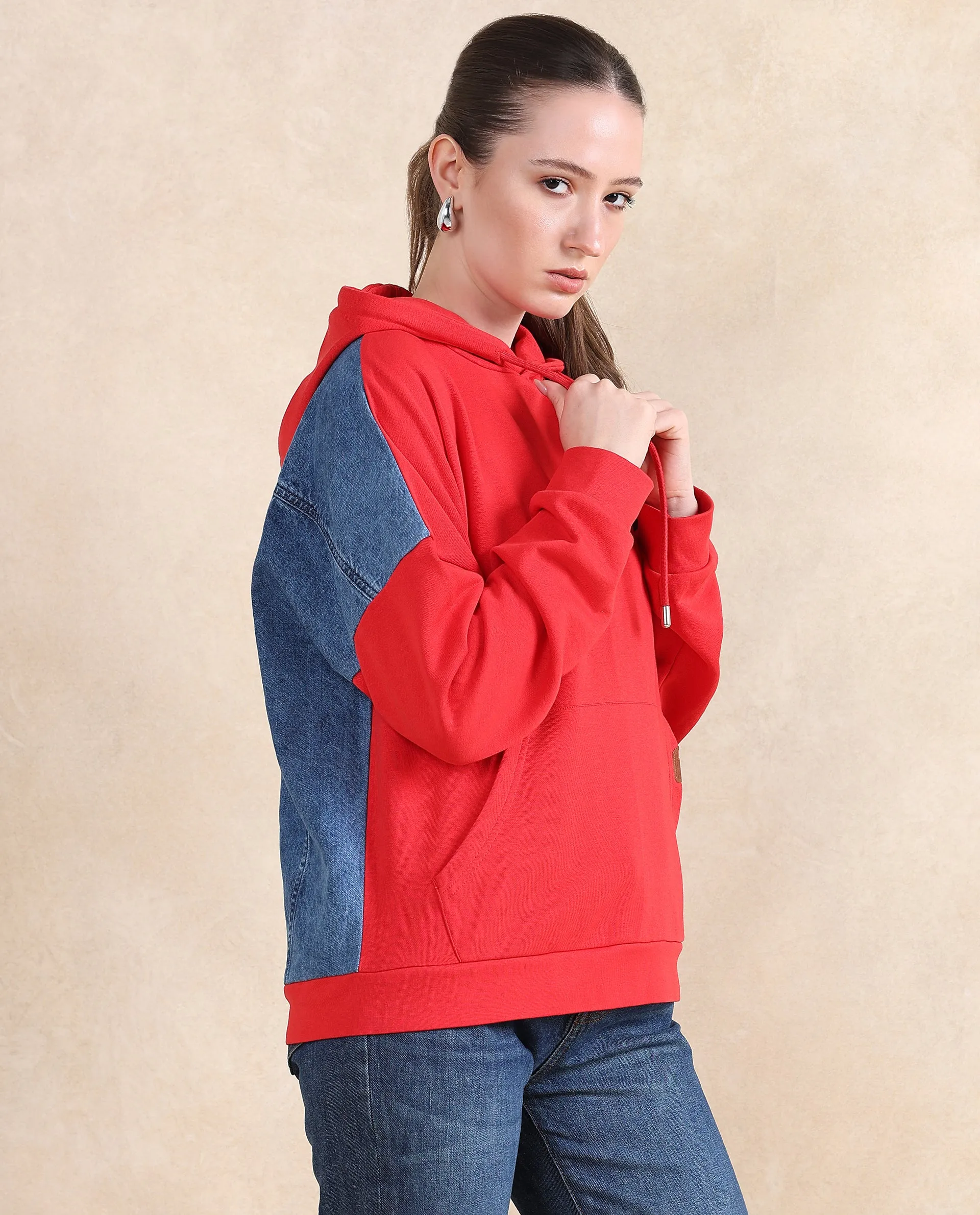 Rareism Women Ferra Red Cotton Blend Fabric Full Sleeve Hooded Relaxed Fit Plain Sweatshirt