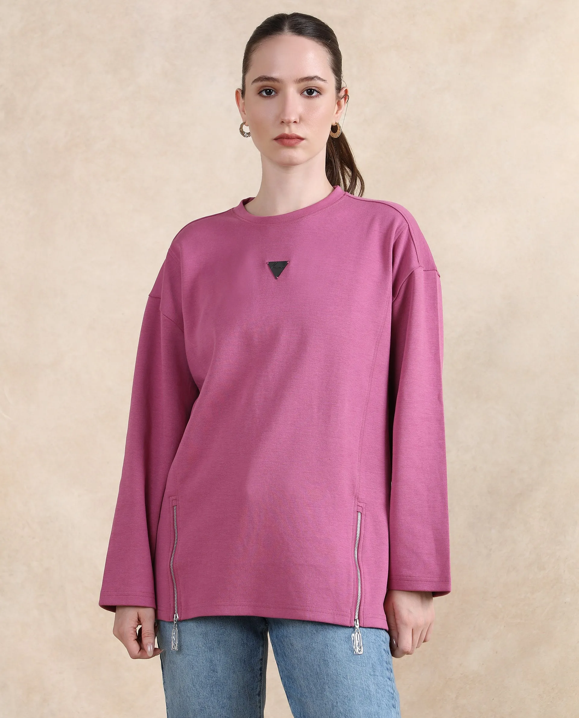 Rareism Women Gravity Pink Cotton Blend Fabric Full Sleeve Crew Neck Zipper Closure Relaxed Fit Hip Length Plain Sweatshirt