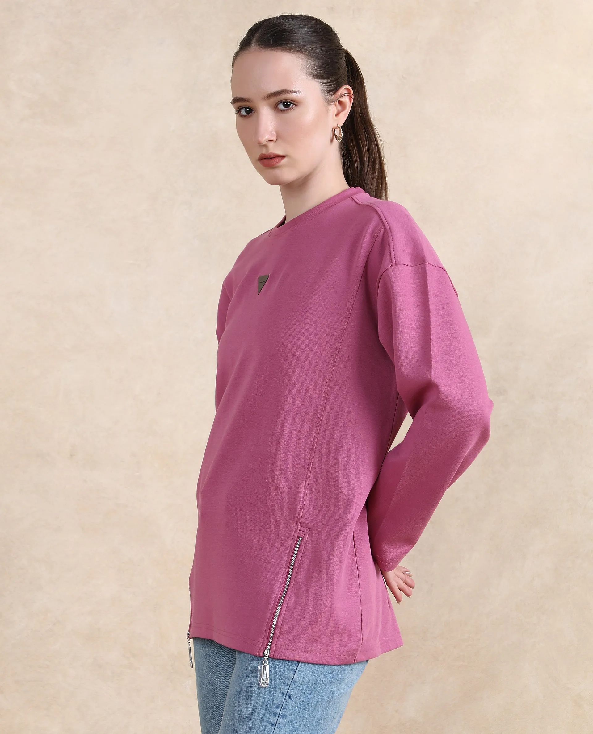 Rareism Women Gravity Pink Cotton Blend Fabric Full Sleeve Crew Neck Zipper Closure Relaxed Fit Hip Length Plain Sweatshirt