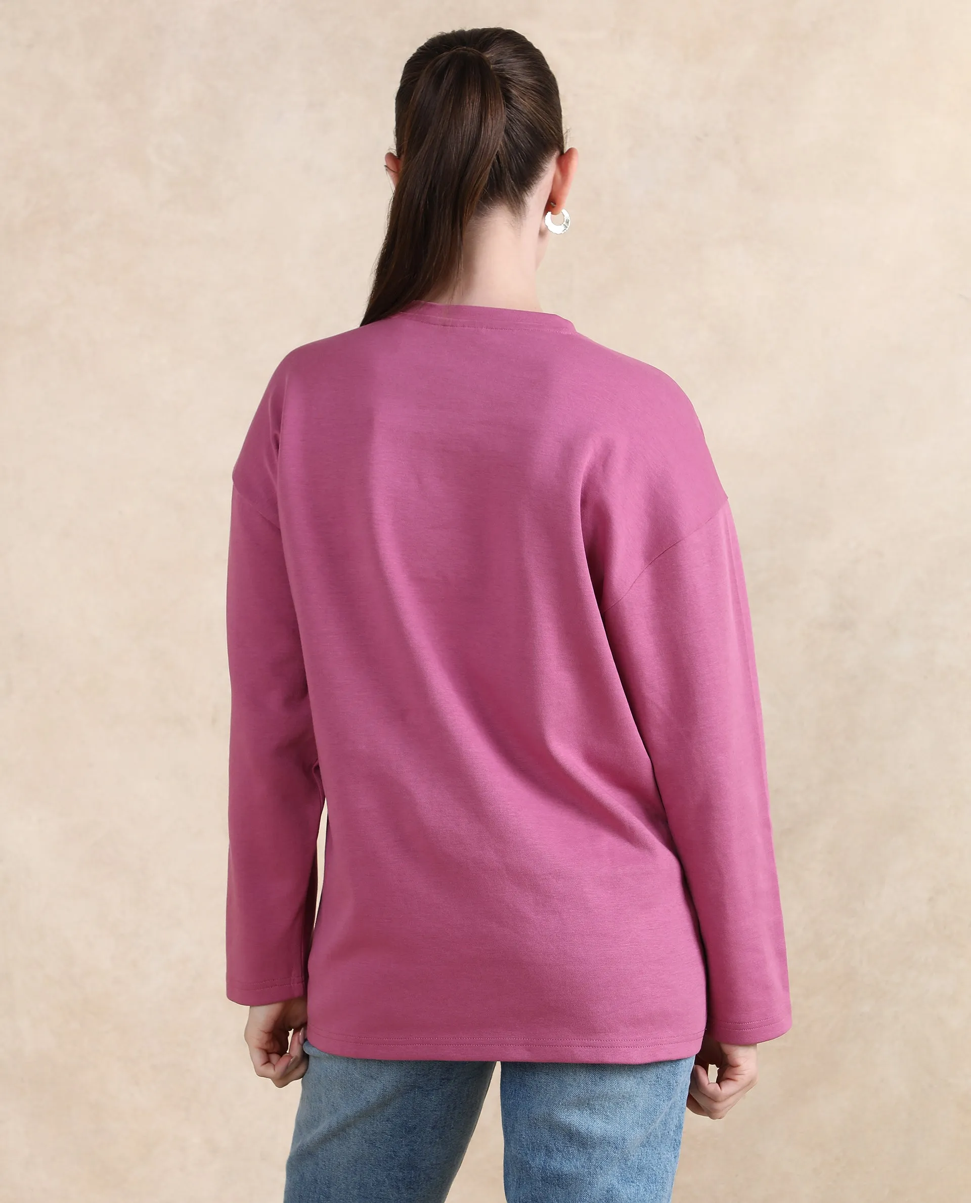 Rareism Women Gravity Pink Cotton Blend Fabric Full Sleeve Crew Neck Zipper Closure Relaxed Fit Hip Length Plain Sweatshirt