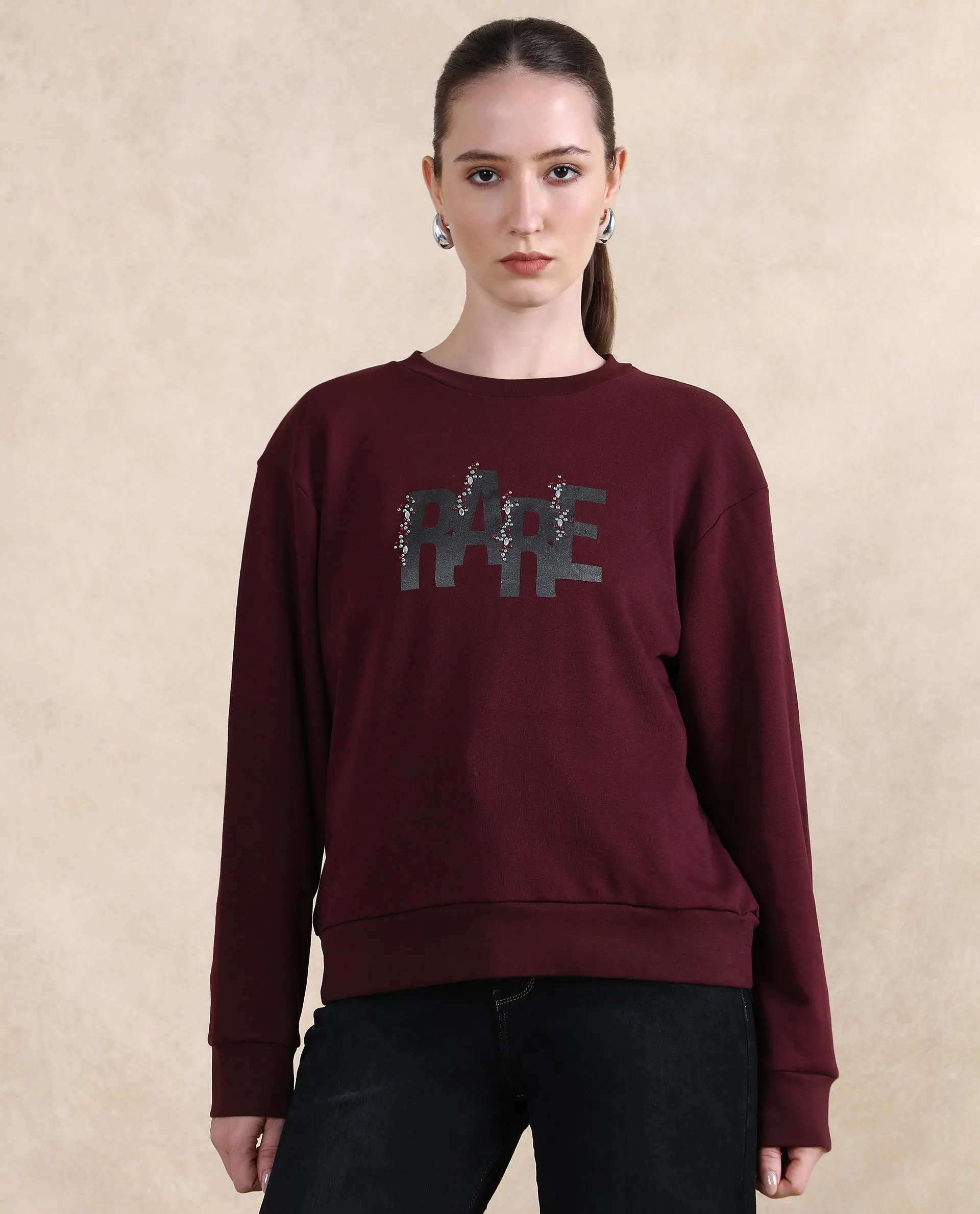 Rareism Women Nudge Dark Maroon Cotton Blend Fabric Full Sleeve Crew Neck Relaxed Fit Graphic Print Sweatshirt