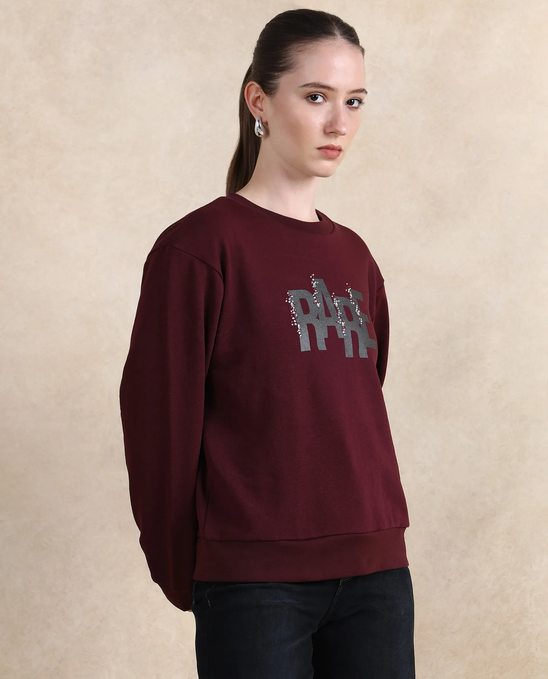 Rareism Women Nudge Dark Maroon Cotton Blend Fabric Full Sleeve Crew Neck Relaxed Fit Graphic Print Sweatshirt