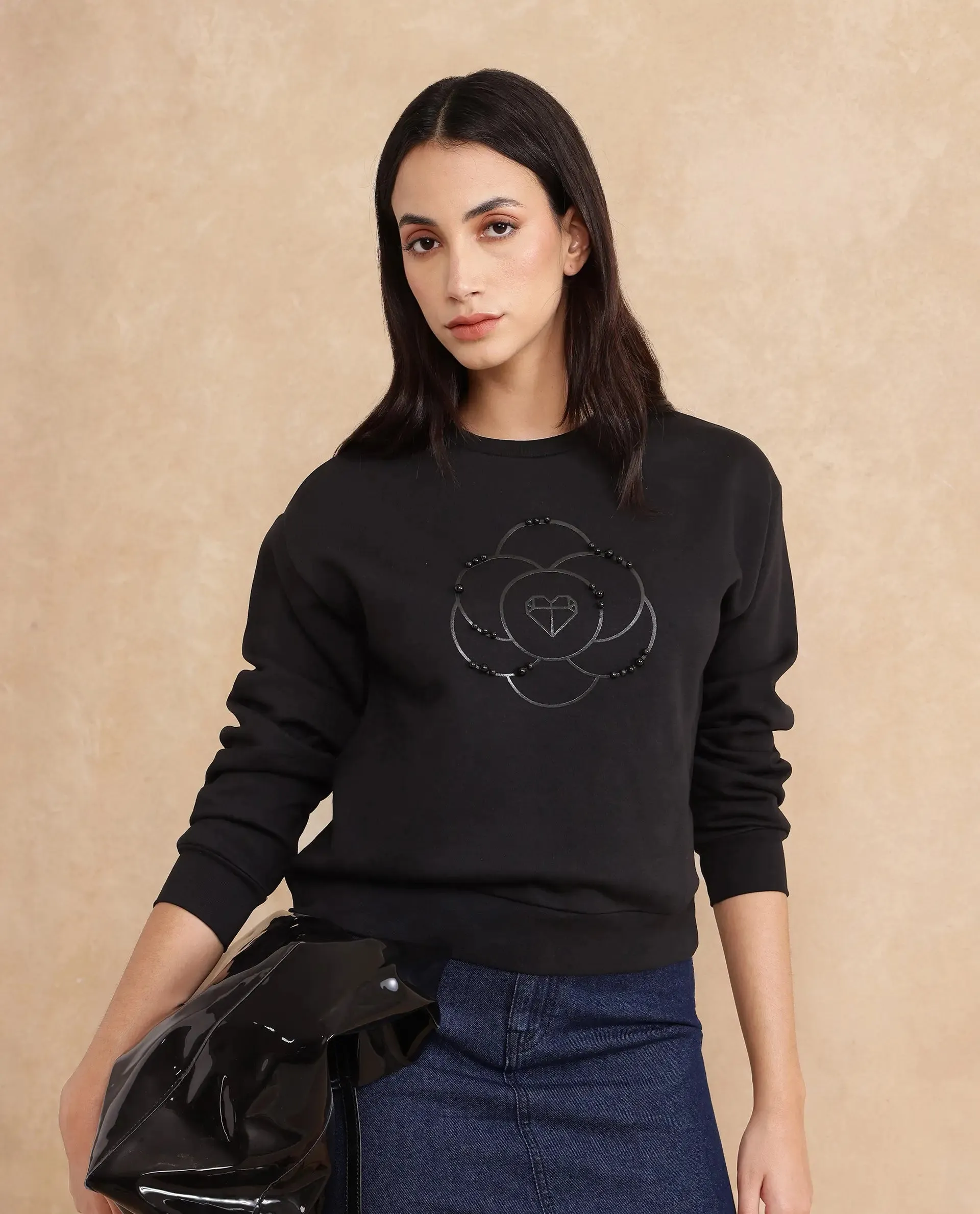 Rareism Women Pere Black Cotton Blend Fabric Full Sleeve Crew Neck Relaxed Fit Graphic Print Sweatshirt