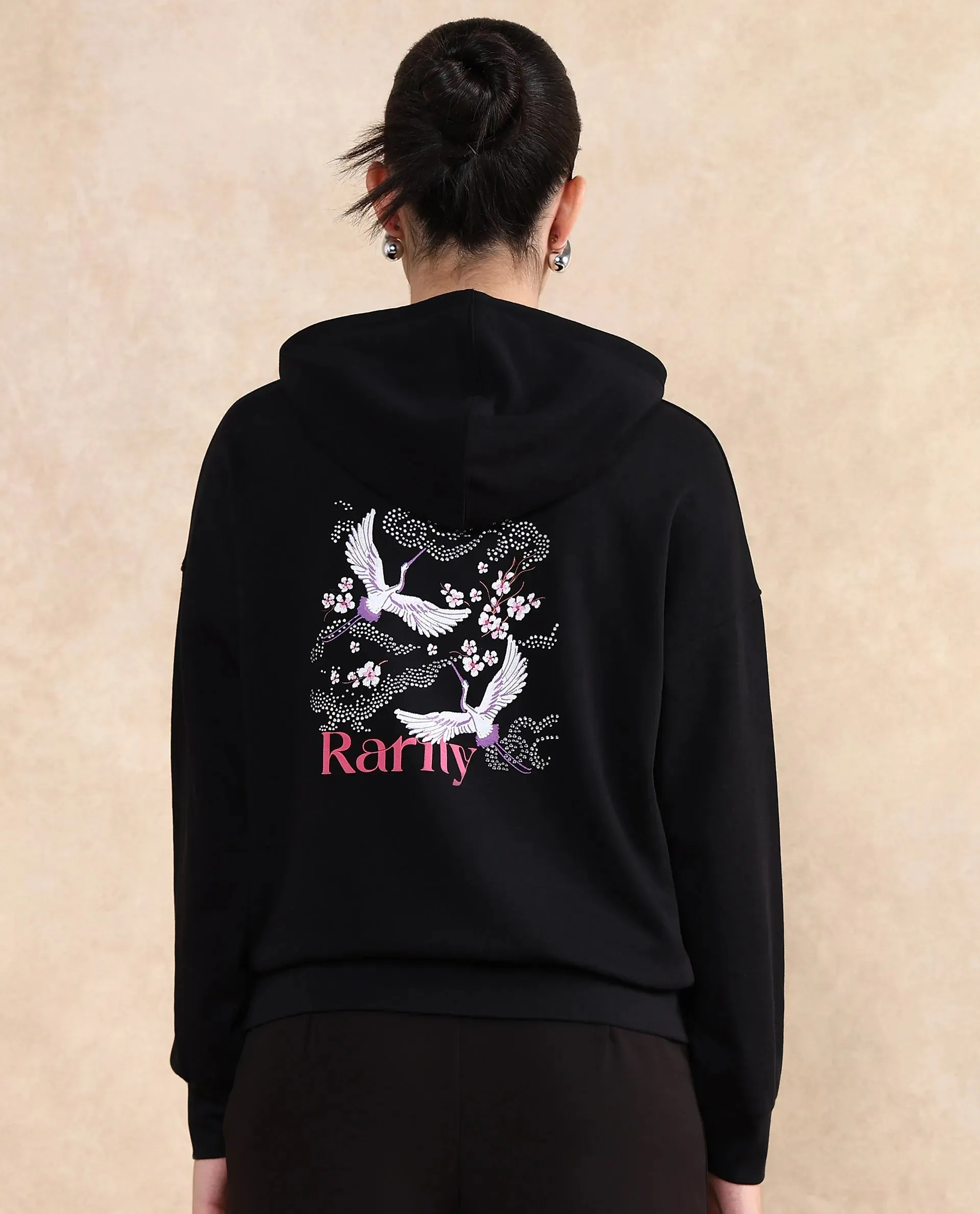 Rareism Women Quash Black Cotton Blend Fabric Full Sleeve Hooded Relaxed Fit Graphic Print Sweatshirt