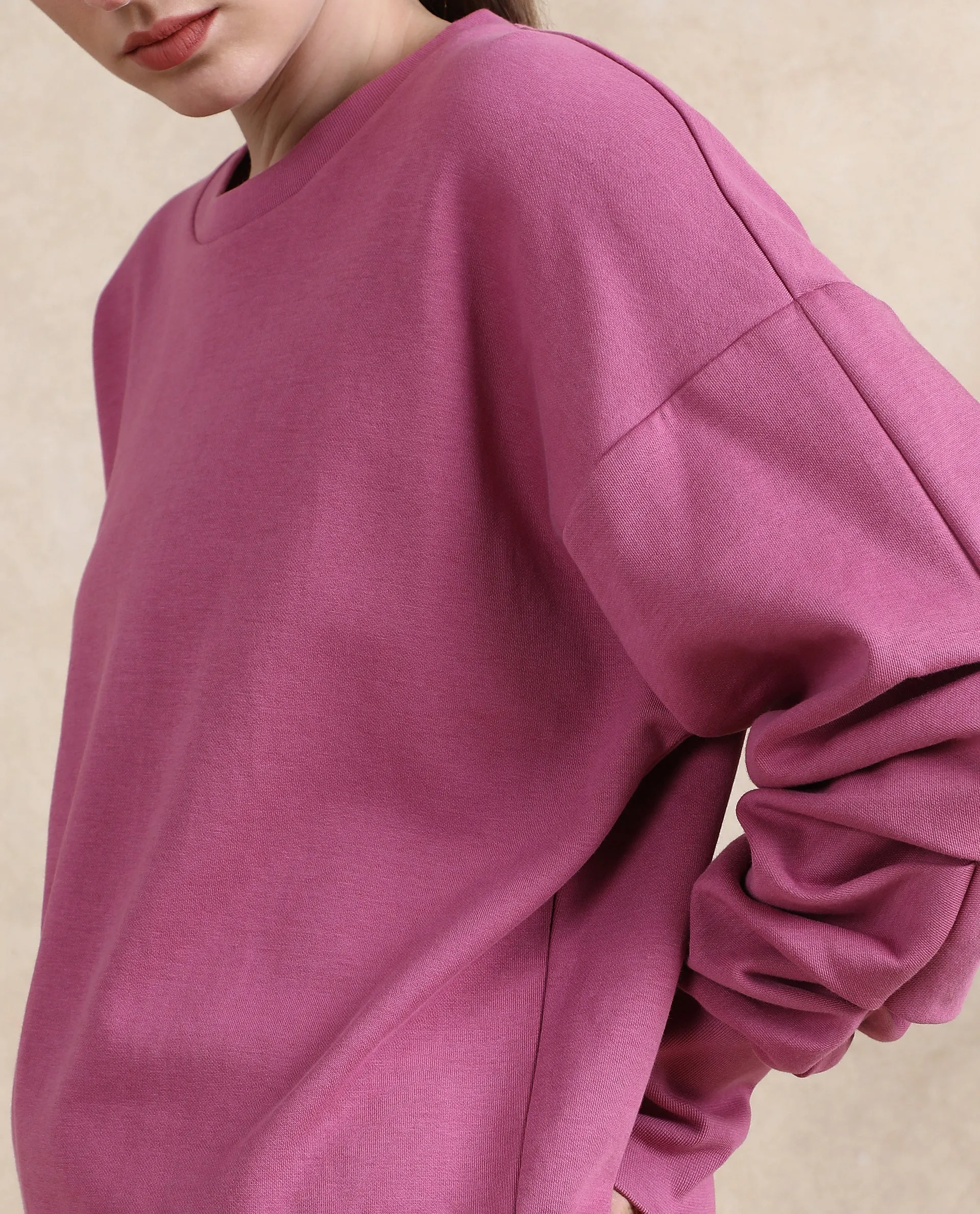 Rareism Women Ruch Dark Pink Cotton Blend Fabric Full Sleeve Crew Neck Relaxed Fit Hip Length Plain Sweatshirt