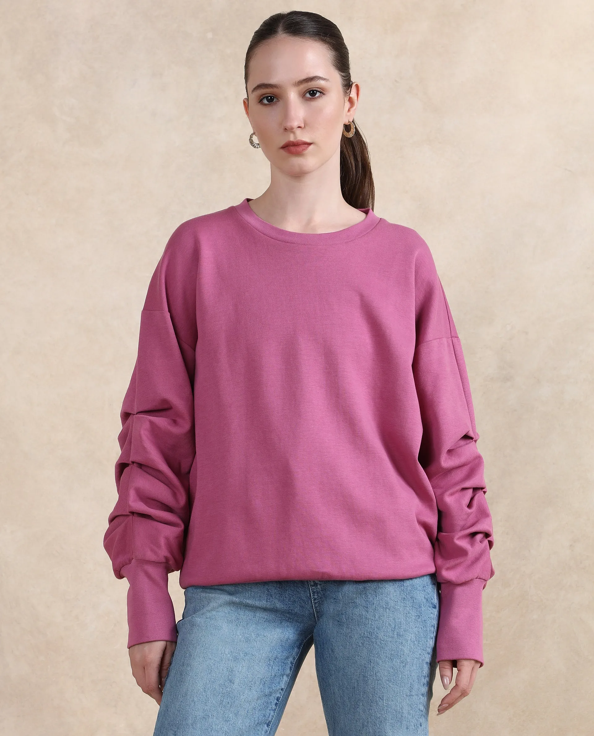 Rareism Women Ruch Dark Pink Cotton Blend Fabric Full Sleeve Crew Neck Relaxed Fit Hip Length Plain Sweatshirt