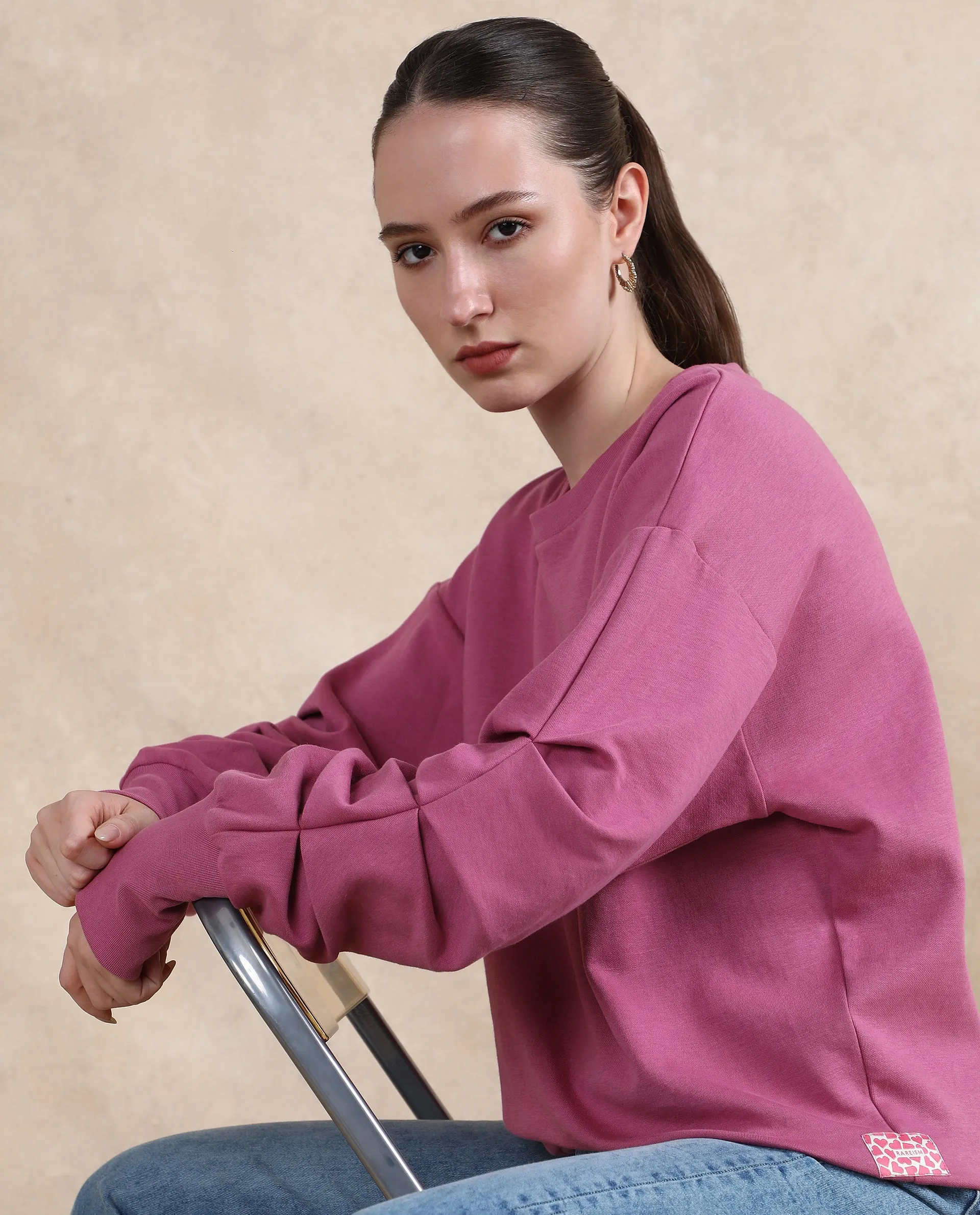 Rareism Women Ruch Dark Pink Cotton Blend Fabric Full Sleeve Crew Neck Relaxed Fit Hip Length Plain Sweatshirt