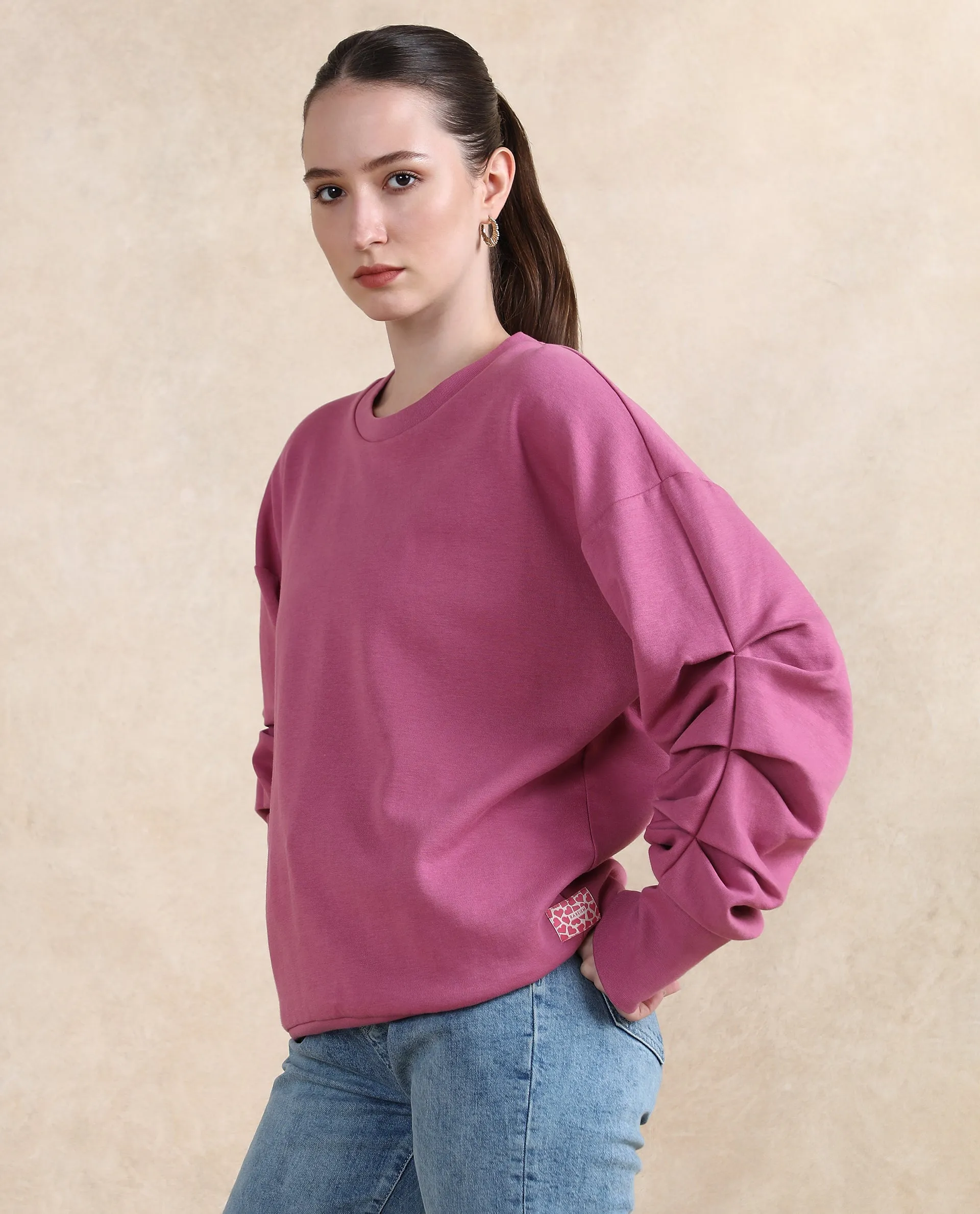 Rareism Women Ruch Dark Pink Cotton Blend Fabric Full Sleeve Crew Neck Relaxed Fit Hip Length Plain Sweatshirt