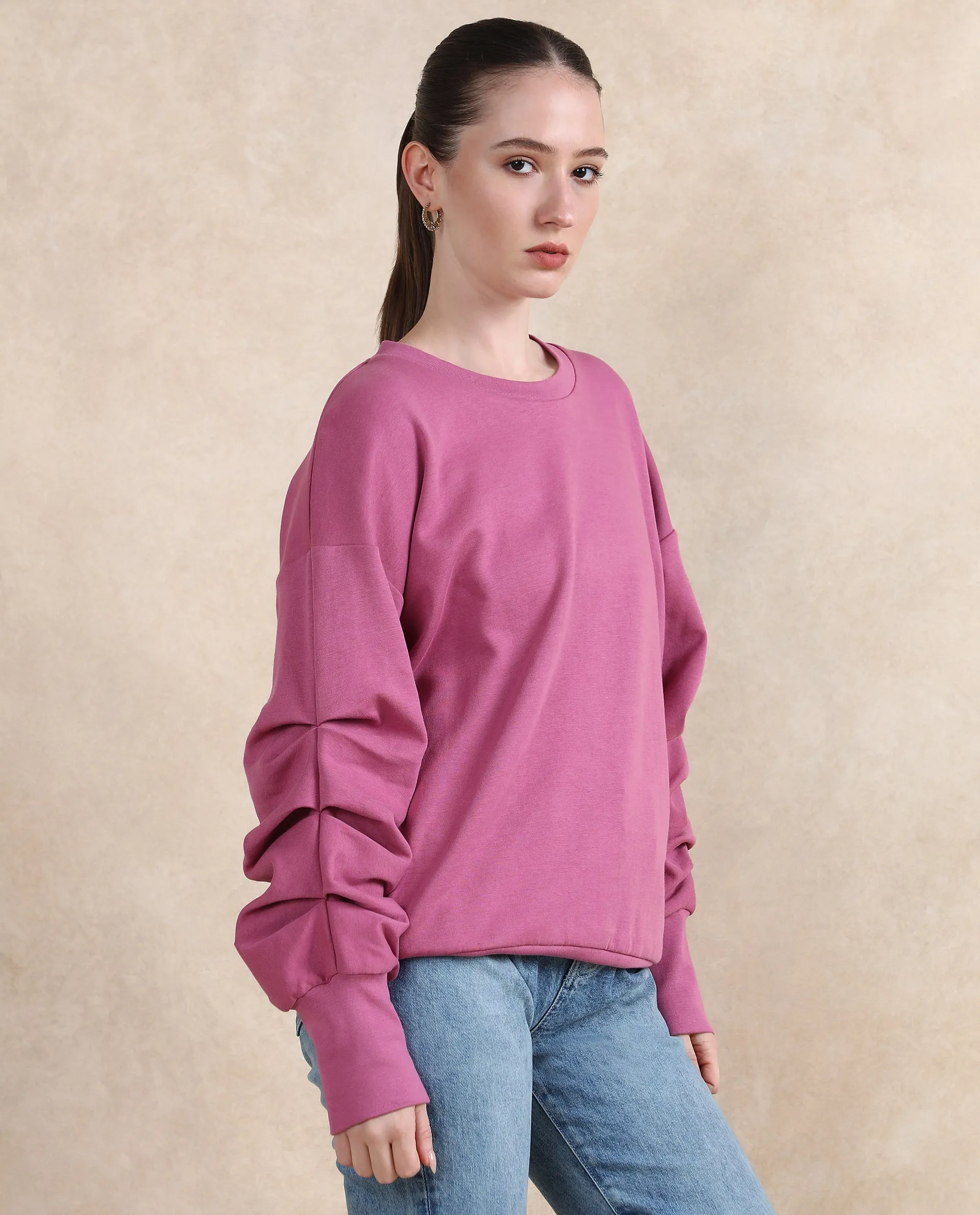 Rareism Women Ruch Dark Pink Cotton Blend Fabric Full Sleeve Crew Neck Relaxed Fit Hip Length Plain Sweatshirt