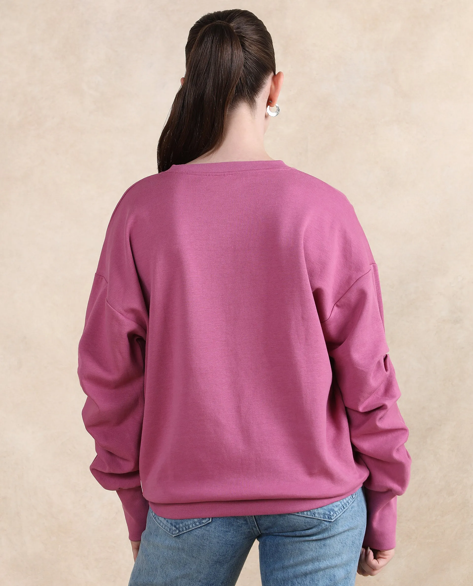 Rareism Women Ruch Dark Pink Cotton Blend Fabric Full Sleeve Crew Neck Relaxed Fit Hip Length Plain Sweatshirt