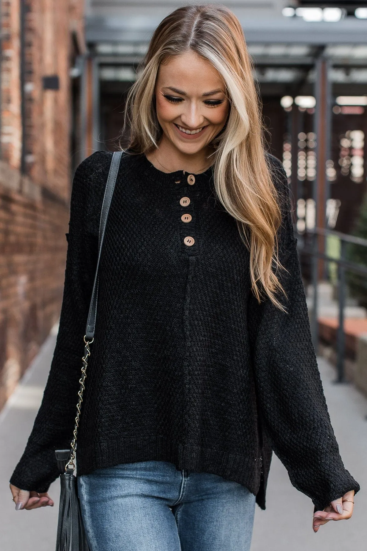 Black Rose Knit Button Top