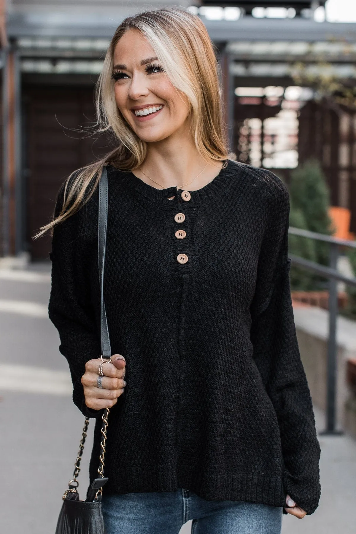 Black Rose Knit Button Top