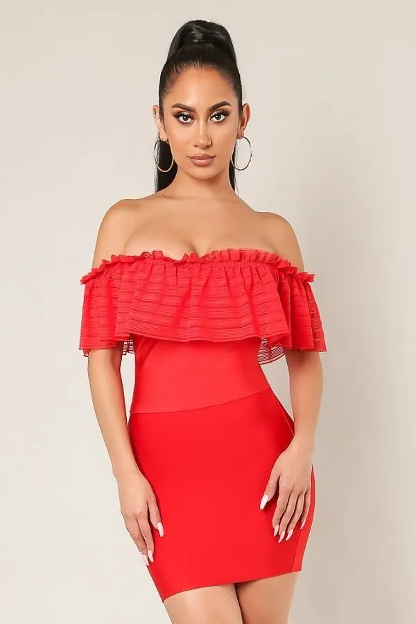 Red Off Shoulder Ruffle Bandage Top