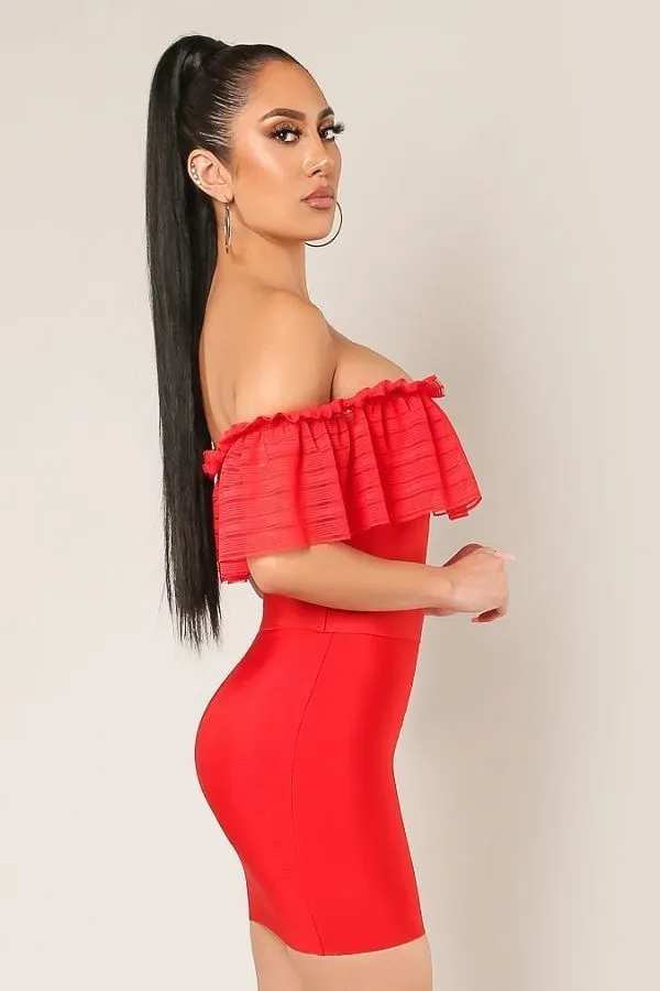 Red Off Shoulder Ruffle Bandage Top