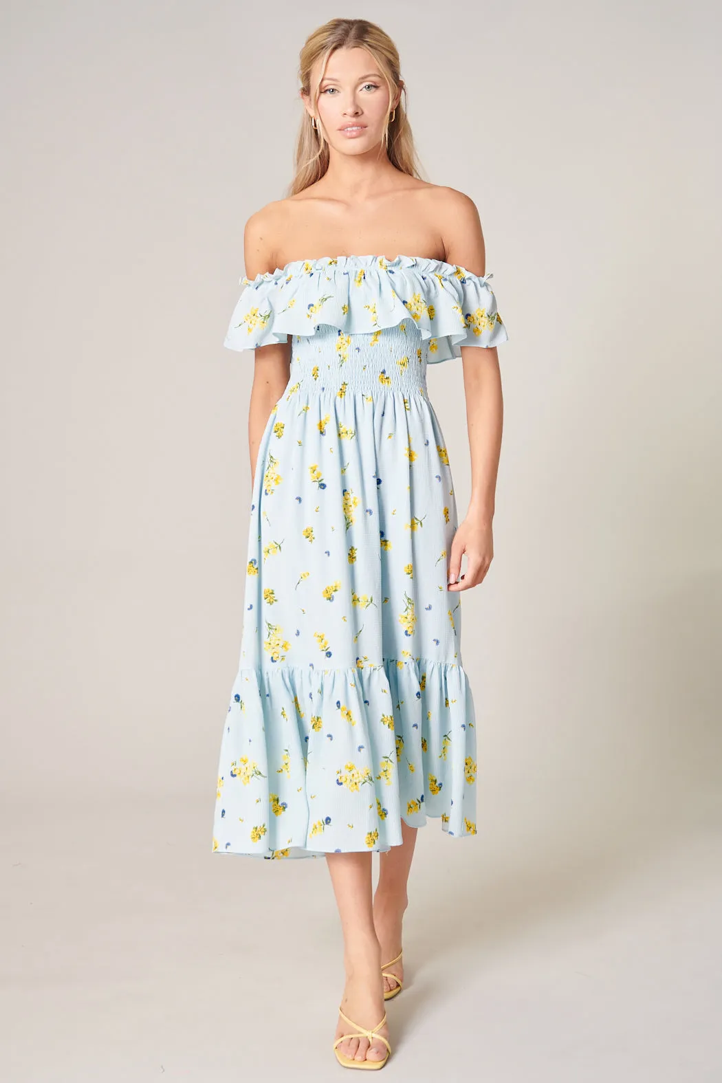 Roony Floral Off the Shoulder Smocked Midi Dress