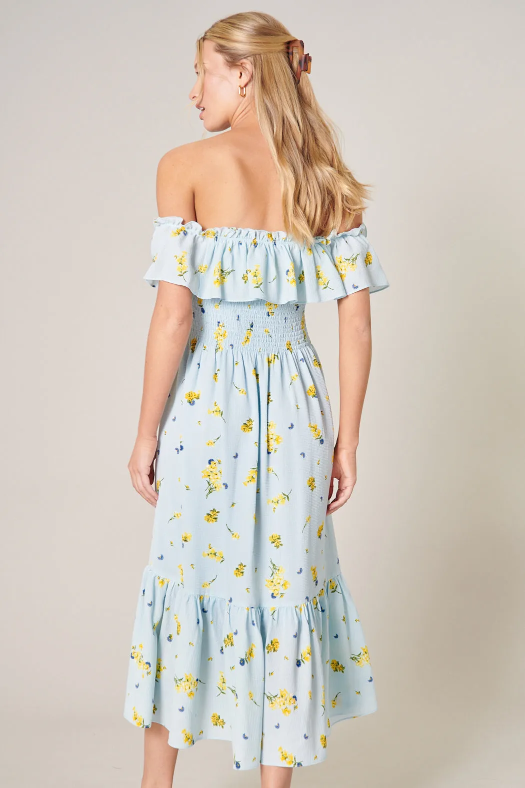 Roony Floral Off the Shoulder Smocked Midi Dress