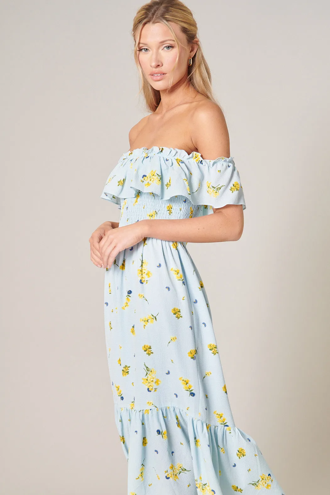 Roony Floral Off the Shoulder Smocked Midi Dress