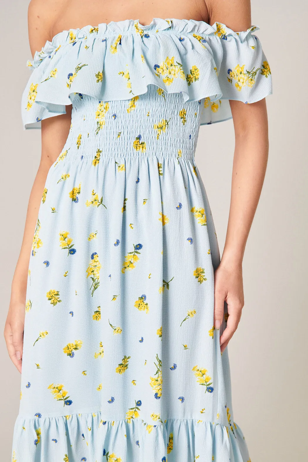 Roony Floral Off the Shoulder Smocked Midi Dress