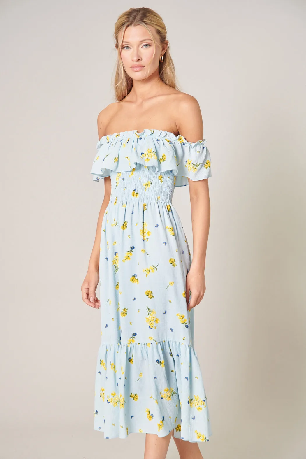 Roony Floral Off the Shoulder Smocked Midi Dress