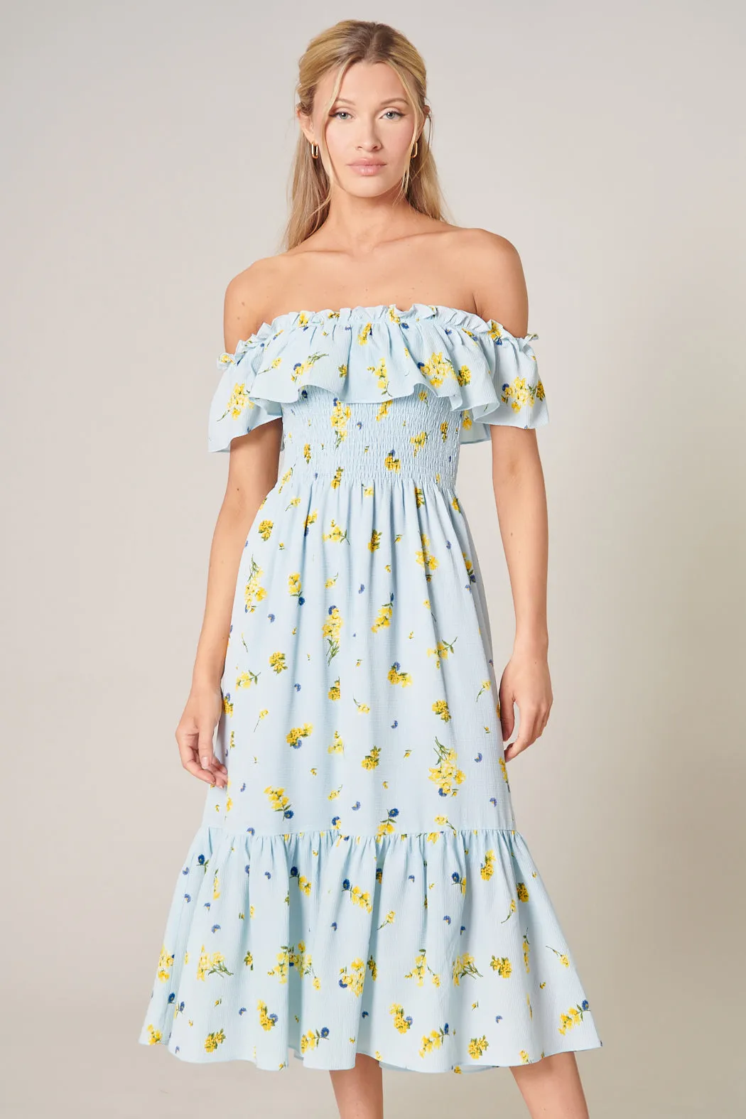 Roony Floral Off the Shoulder Smocked Midi Dress