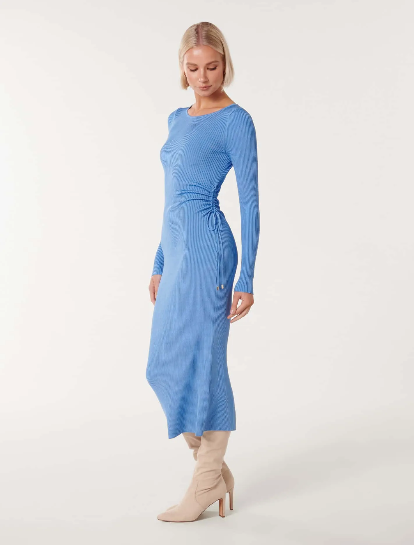 Ruched Ribbed Knit Midi Dress - Olivia