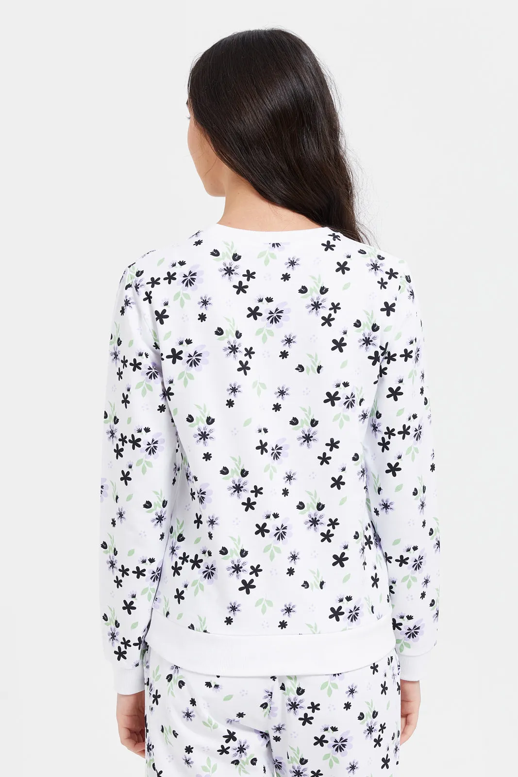 Senior Girls White Floral Print Sweatshirt