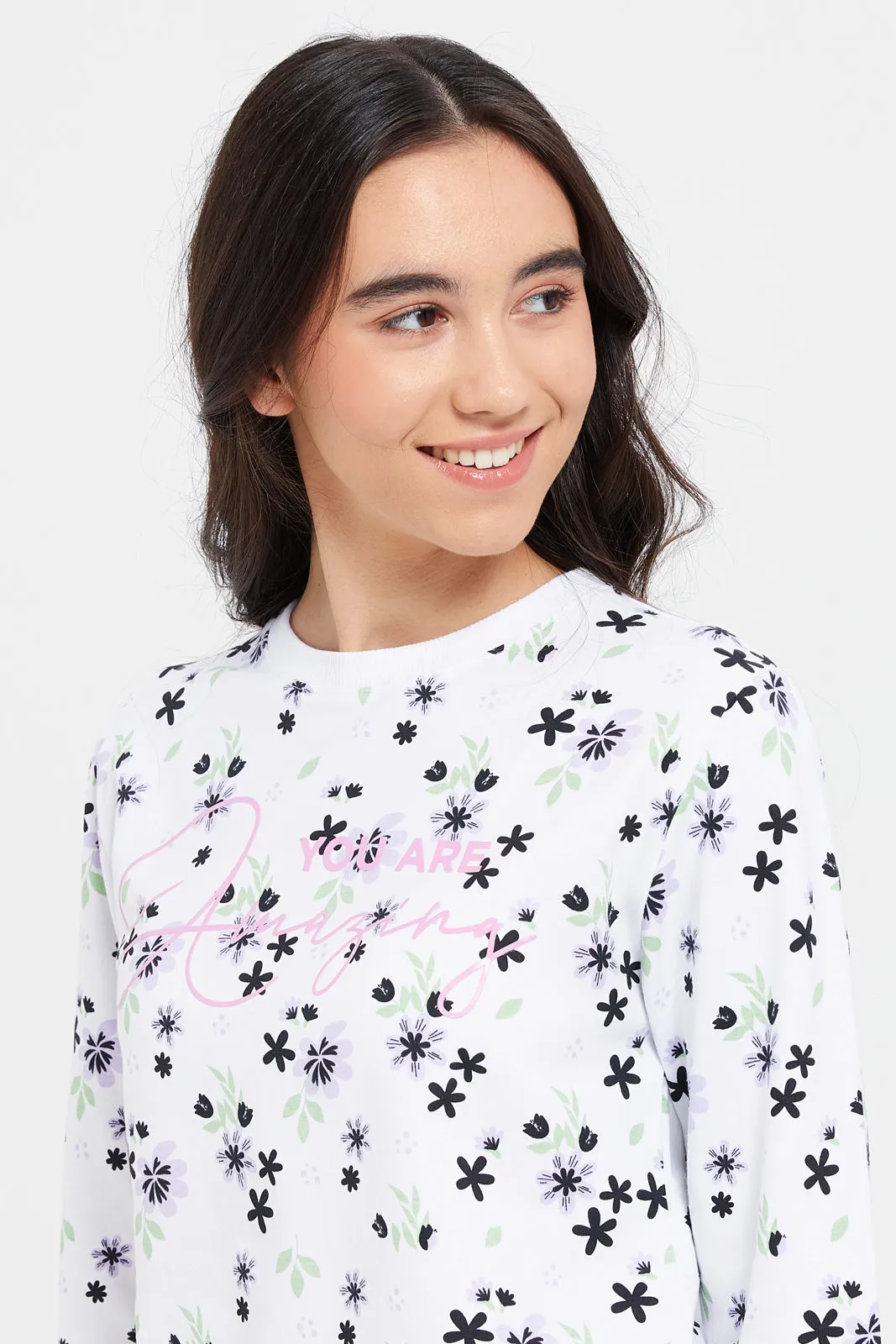 Senior Girls White Floral Print Sweatshirt