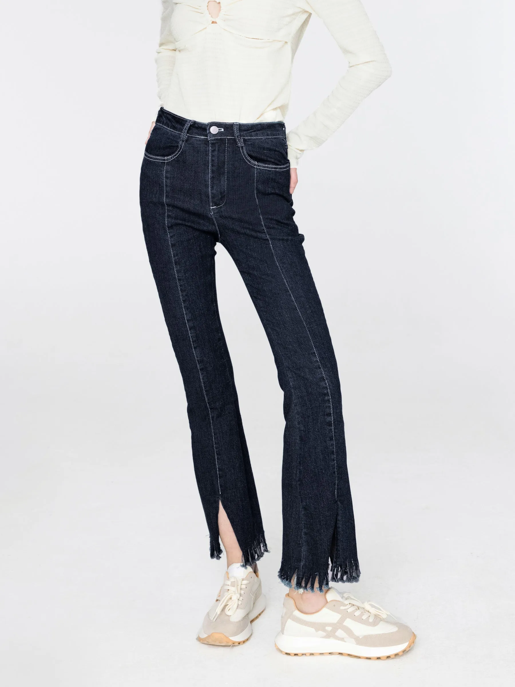 Slim Fit Slit Jeans with Raw Edge Hem