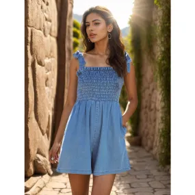 Smocked Tie Shoulder Denim Romper