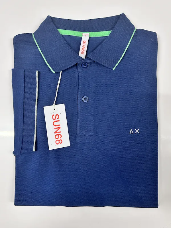 S Only - SUN68 Short Sleeve Cotton Polo Shirt - Blue