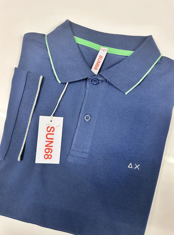 S Only - SUN68 Short Sleeve Cotton Polo Shirt - Blue