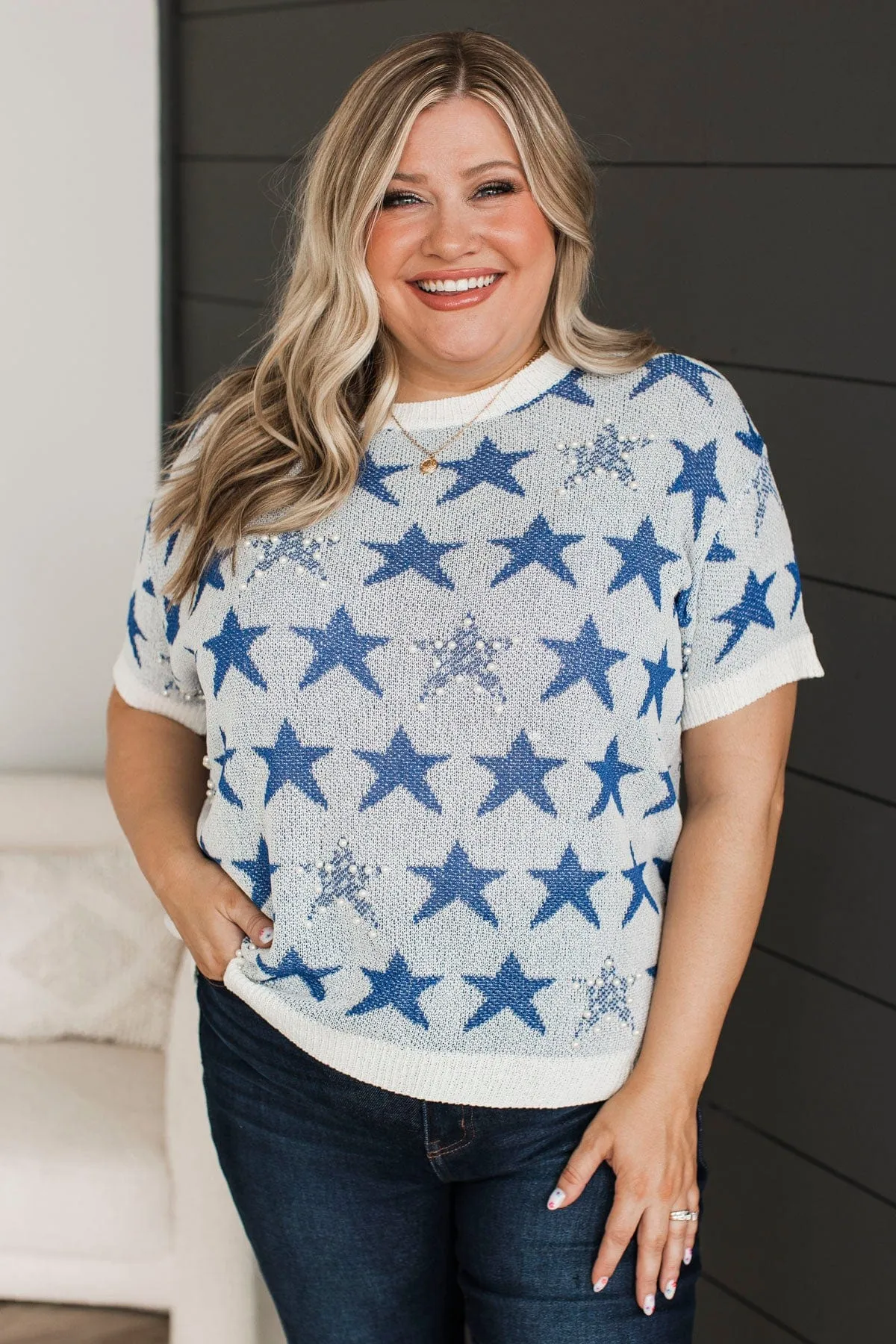 Navy & Ivory Stars Aligned Knit Top