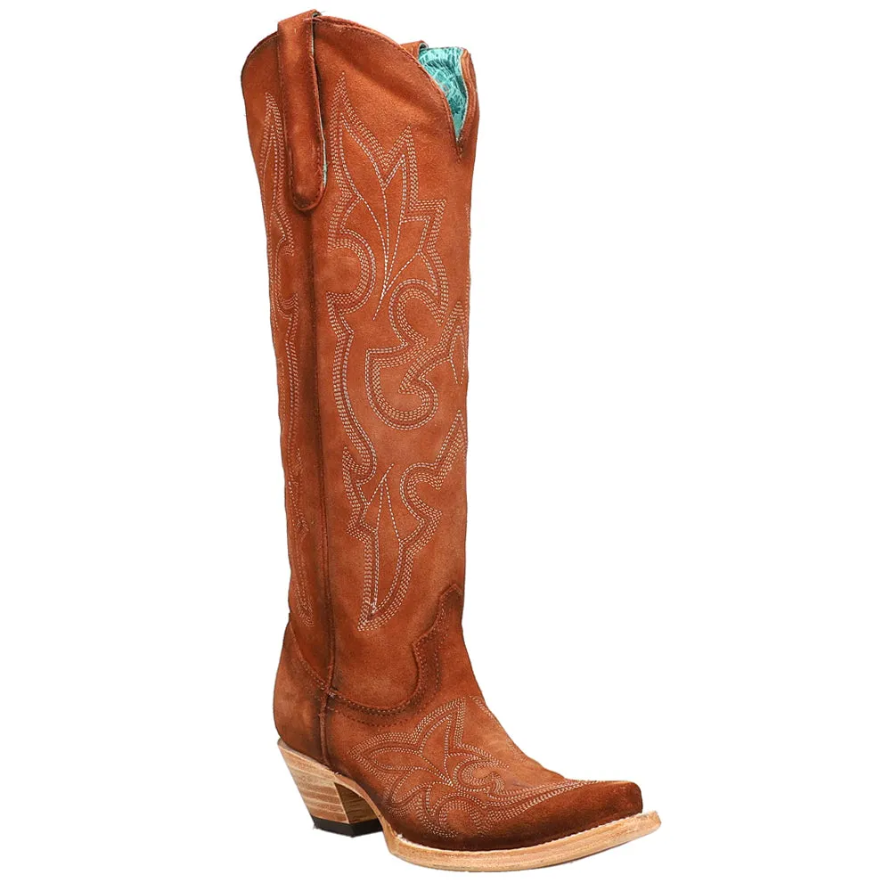 Suede Tooled-Inlay Tall Snip Toe Cowboy Boots