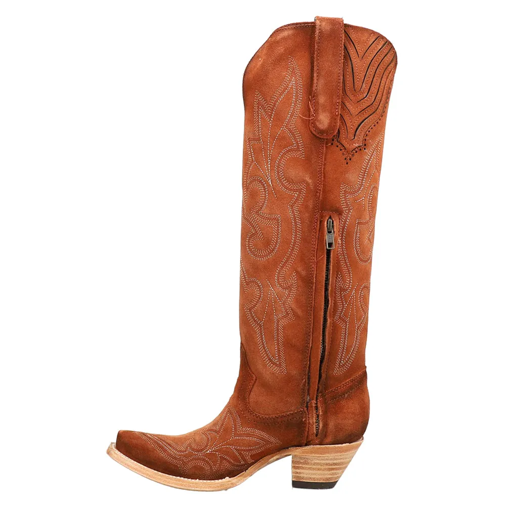 Suede Tooled-Inlay Tall Snip Toe Cowboy Boots