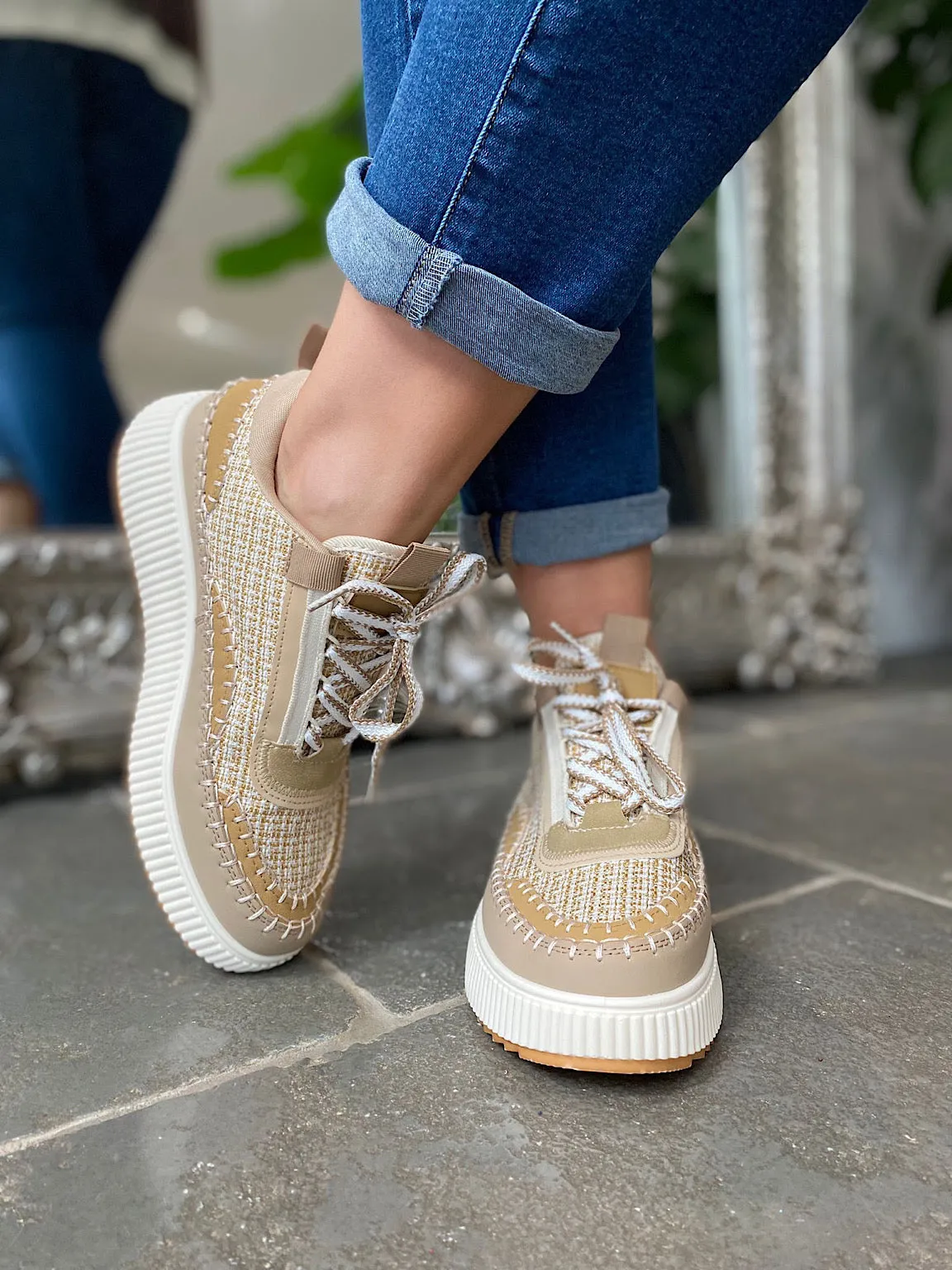 Tan Textured Platform Sneakers