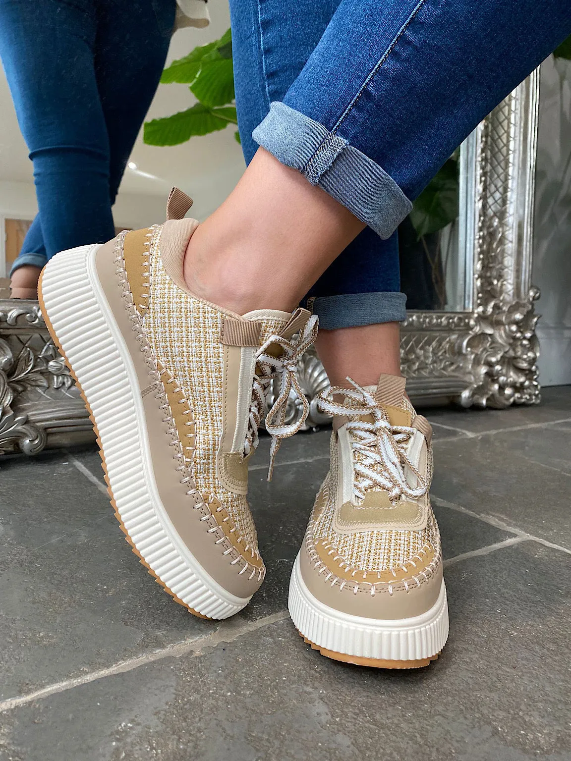 Tan Textured Platform Sneakers