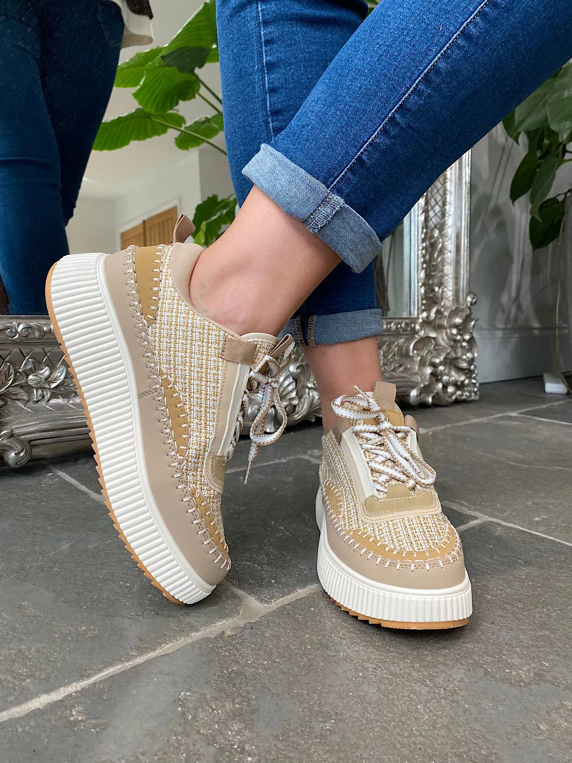 Tan Textured Platform Sneakers