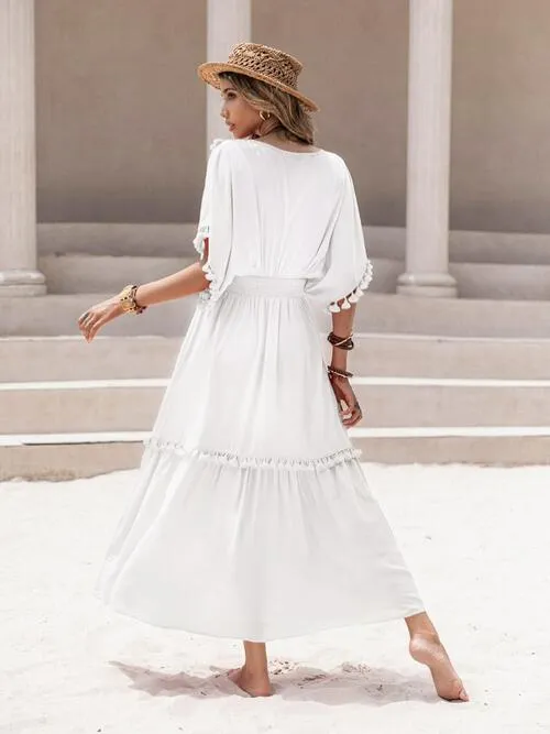 V-Neck Dress with Tassel Trim and Smocked Short Sleeves