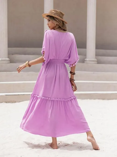 V-Neck Dress with Tassel Trim and Smocked Short Sleeves