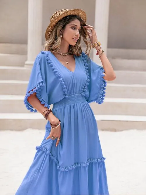 V-Neck Dress with Tassel Trim and Smocked Short Sleeves