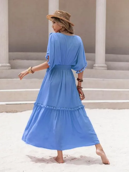 V-Neck Dress with Tassel Trim and Smocked Short Sleeves